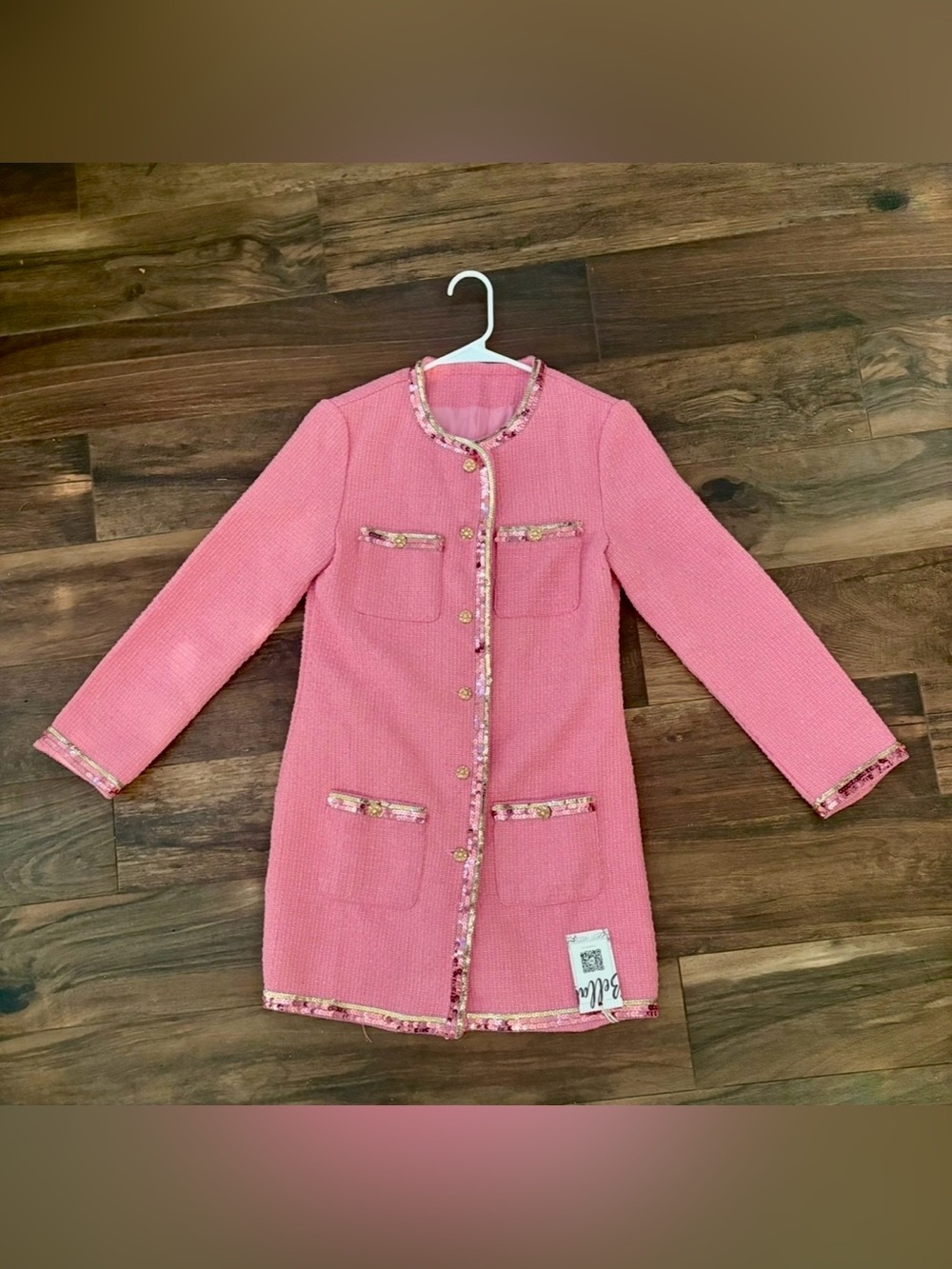 NWT Bella Barnett Pink Tweed Sequin Long Coat Size M